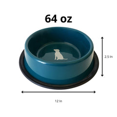 Nonskid Dog Bowl with Cool Gray Dog Silhouette - Teal
