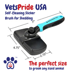 Vets Pride USA Self-Cleaning Slicker Dog Brush for Shedding - Cat and Dog Grooming Brush Removes Tangled Hair and Loose Undercoat - Easily Remove Hair from Shedding Brush with Press of a Button