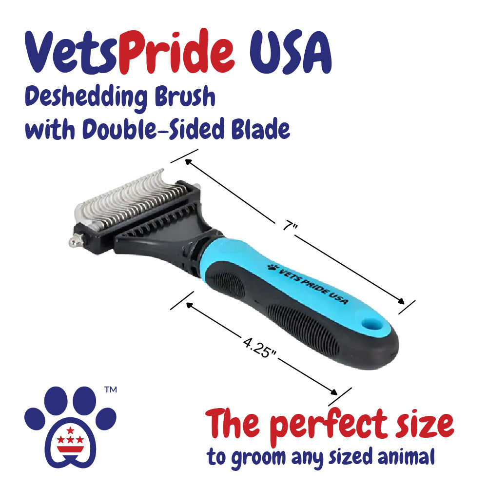 Vets Pride USA -Deshedding Brush with Double-Sided Blade - Professional Grooming Tool for Dog Comb Easy Detangling, Dematting, Brushing - Safe, Gentle Undercoat Rake for Medium & Long-Haired Cat & Dog