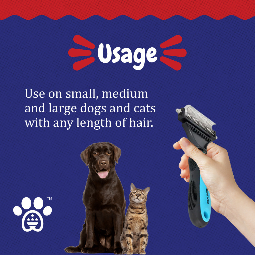 Vets Pride USA -Deshedding Brush with Double-Sided Blade - Professional Grooming Tool for Dog Comb Easy Detangling, Dematting, Brushing - Safe, Gentle Undercoat Rake for Medium & Long-Haired Cat & Dog