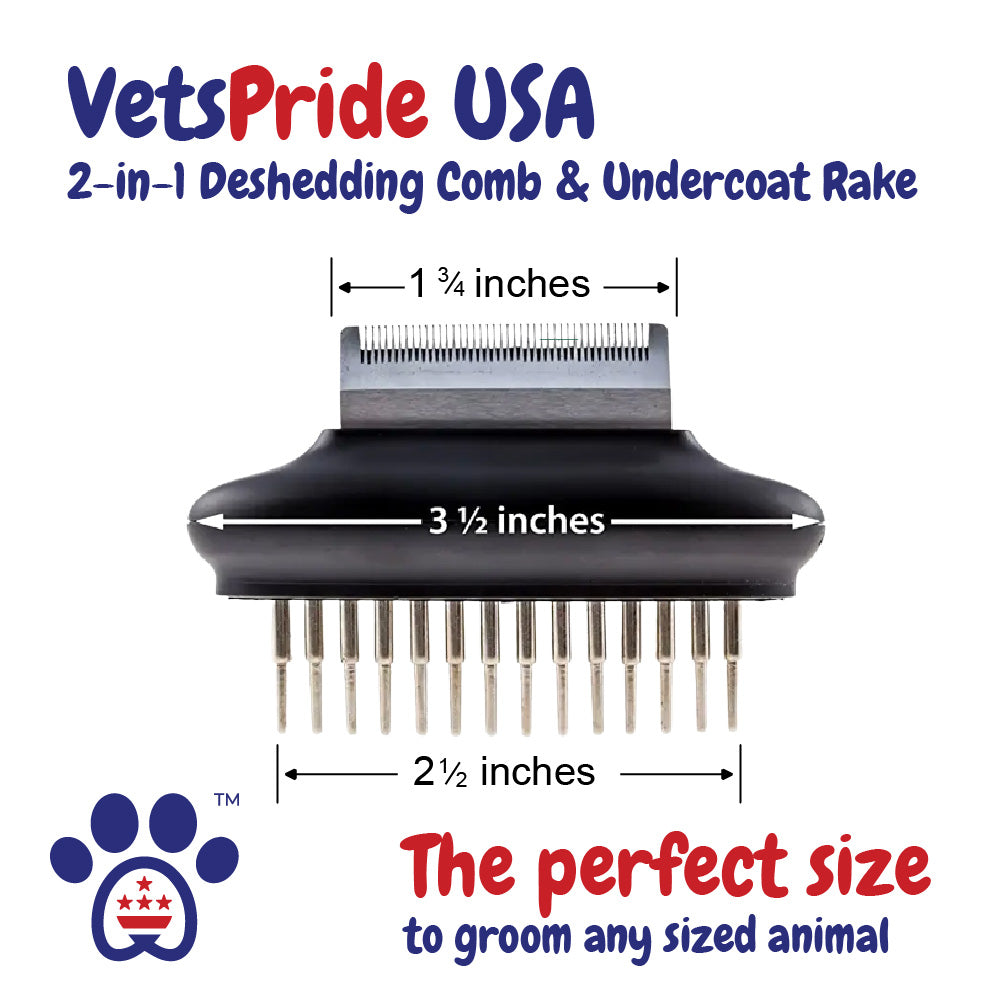 Vets Pride USA 2-in-1 Deshedding Comb & Undercoat Rake - Flexible Neck Bends Up to 30° - Grooming Tool with Deshedder Brush & Rake for Dematting - Detangler That Removes Both Matted & Shedding Hair