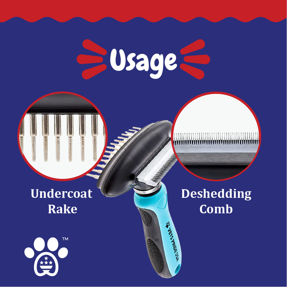 Vets Pride USA 2-in-1 Deshedding Comb & Undercoat Rake - Flexible Neck Bends Up to 30° - Grooming Tool with Deshedder Brush & Rake for Dematting - Detangler That Removes Both Matted & Shedding Hair